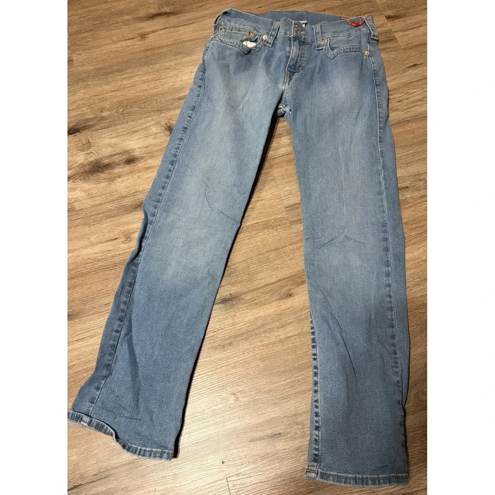True Religion Men's Straight Light Blue Denim Jeans Mid Rise Logo Light Wash